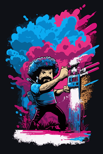 Bob Ross as a Mech with a giant paint brush shooting paint, vector art style, vibrant