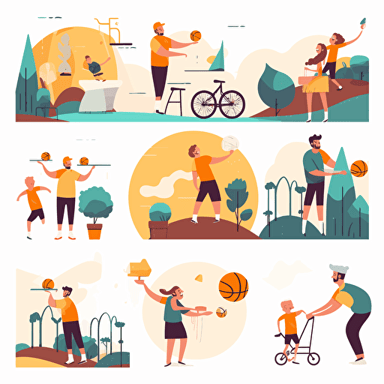 Father time with son. Parent dad enjoy recreation with kid boy, playing plane toy or sport basketball game, build tree house daddy happy fatherhood, set vector illustration of recreation together