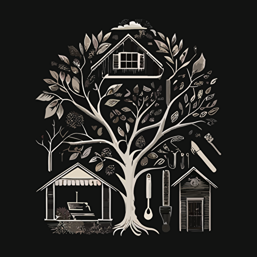 iconic logo of a house, tree, and tools, white vector, on black background.