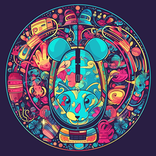 a cartoon computer mouse surrounding colorful motifs, 2d vector, neon colours, epic composition, vector design on the edges of the image