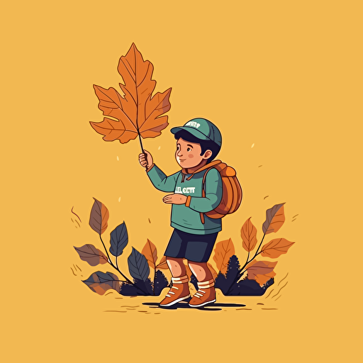 vectoral illustration, no borders, flat colors, kid playing with a big leaf, clean logo