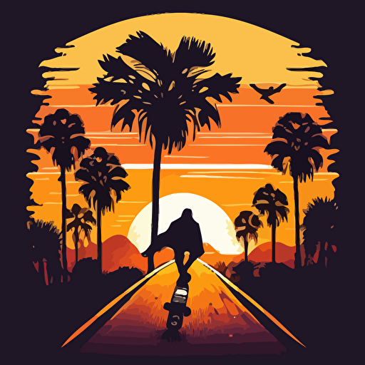 riding a cruiser skateboard down the California coast, vector art, minimal, palm trees, sunset