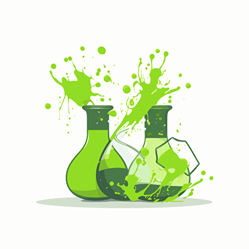 flat vector broken beakers, spilling bright green liquid logo