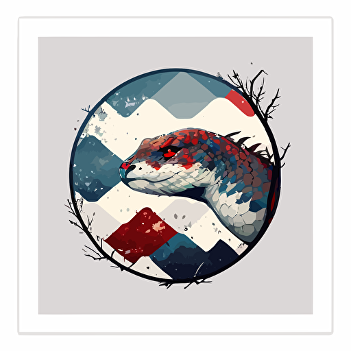 vector art of a diamondback rattlesnake, red, white and blue harsh contrast lighting circle frame white background niji 5