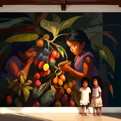 pintura mural, con niños amazonicos cosechando uvas en un parral , en vectores , pintura indigenista, gran angulo, con luz natural