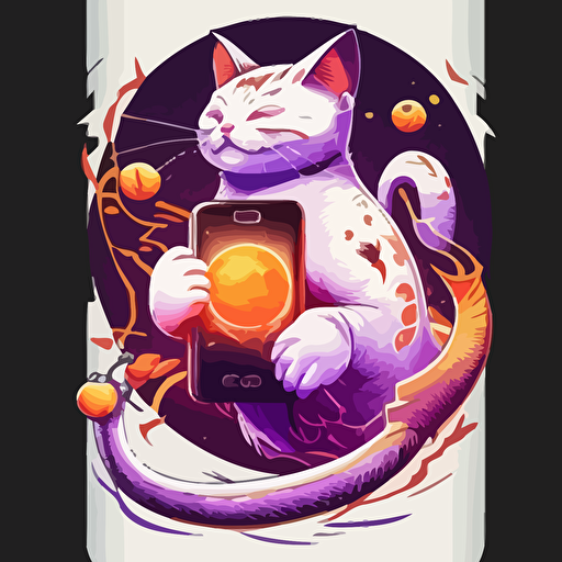 cat chinese style with flames coins cellphones mandarines chinese new year logo vector detailed high definition white purple red orange