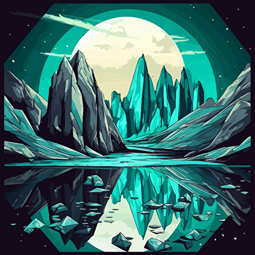 stylized turquoise-color illustration vector fantasy art clean / black and turquoise with white accents on a white background / showing a massive geode landscape with large, reflective faceted organic beautiful pointed crystals, holding a lake under the moon