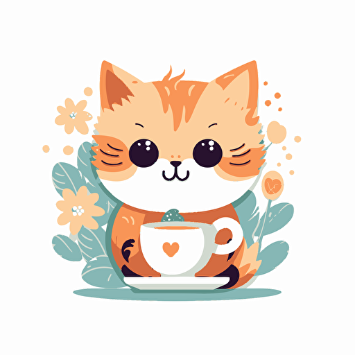 a vector illustration of a cute cat drinking coffee from a cup, on solid white background