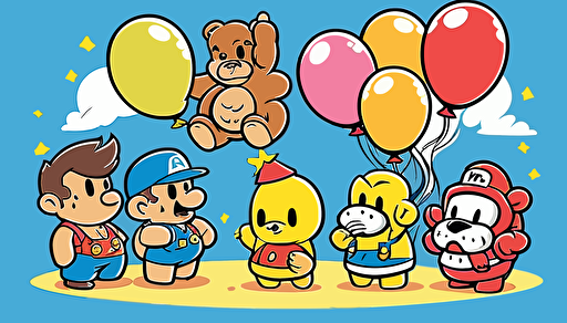 Mario, Kirby, pikachu, donky kong and link, around a birthday cake, with balloons, vector art, flat background