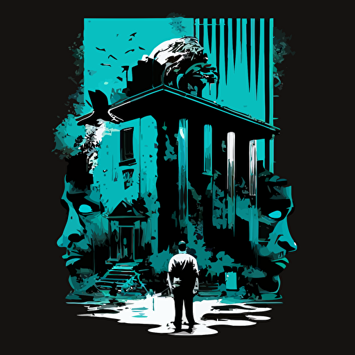 minimalistic Psycho film house:: cyan and black, retro comic ,vector