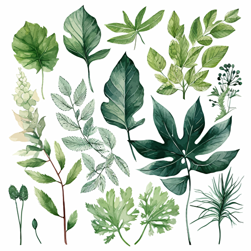 Create a high-quality PNG Vector art featuring an exquisite arrangement of botanics and leaves in various shades of green, with intricate details that highlight the natural beauty of the plants, the artwork should have a white background that accentuates the freshness and vibrancy of the leaves. The style should be botanical illustration, executed in watercolor on paper, with a focus on the texture and luminosity of the watercolor pigments. The image's environment should be a bright and sunny meadow with gentle grasses, and a light breeze that delicately moves the plants, evoking a sense of peacefulness and tranquility.