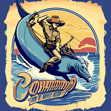 Retro Logo and brand for the "Saltwater Cowboy OBO" featuring a 2016 model seahunt fishing boat, young athletic Cowboy, tan skin, wearing a cowboy hat, sunglasses, riding on top of a large blue marlin jumping out of the ocean with the sunset in the background, flat, vector, 2D, comic book hero style