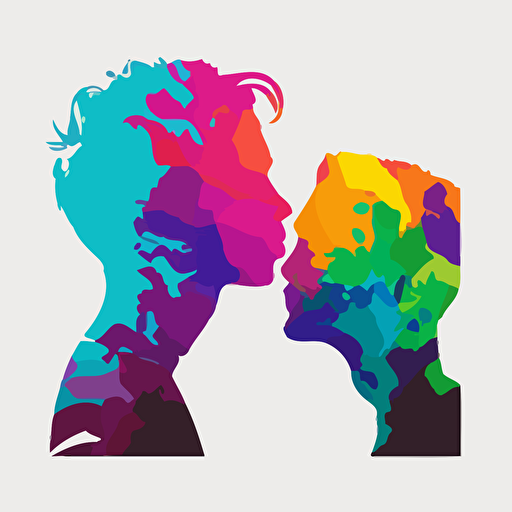 multi colourful pride inspired simple vector full silhouttes of two mens heads about to kiss