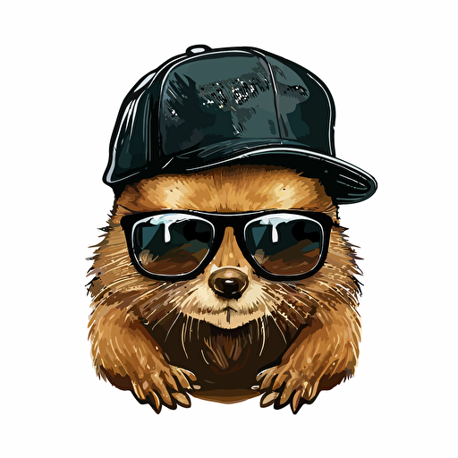 a Beaver with a black cap and swag glasses, vector design, white background,