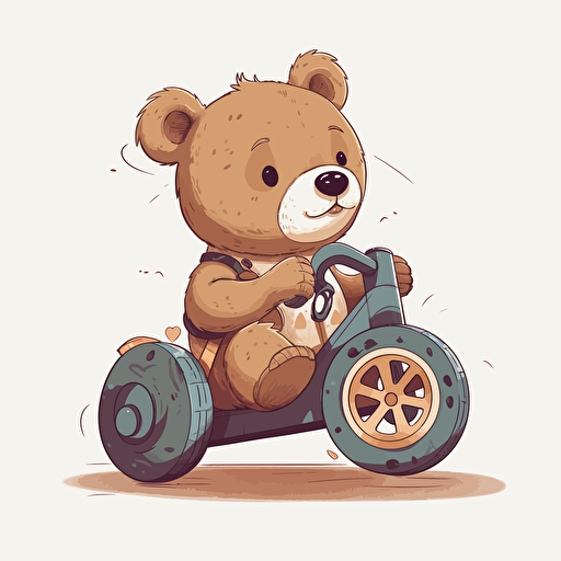 a baby bear riding a big wheel bike, cute, artistic, vector, white background