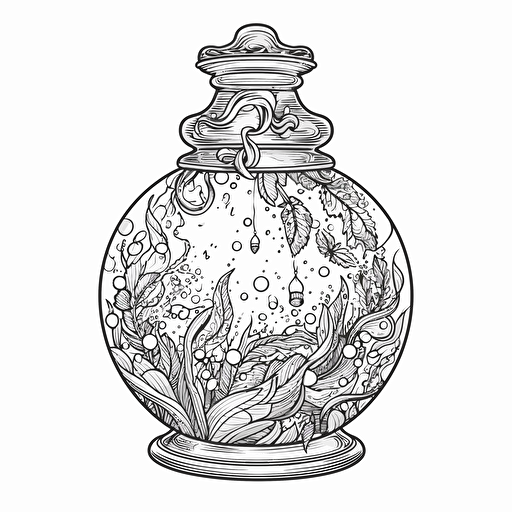 vector image for a coloring page of a whimsical magical bottle or jar with crystals in it with a clear bare background isolated on a white background