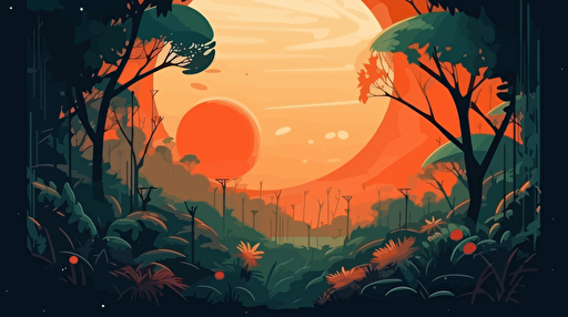 a jungle planet, floating in space, hazy atmosphere, orange and green colors, vibrant, flat vector illustration