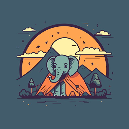 Elephant, Camping in the Mountains, Adventurous, Natural Lighting, Comic vector illustration style, flat design, minimalist logo, minimalist icon, flat icon, adobe illustrator, cute, Simple