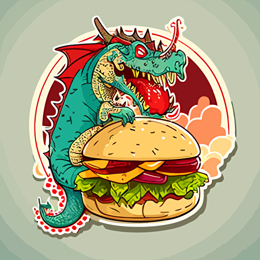 dragon and burger:sticker,illustration ,vector ,cartoon style