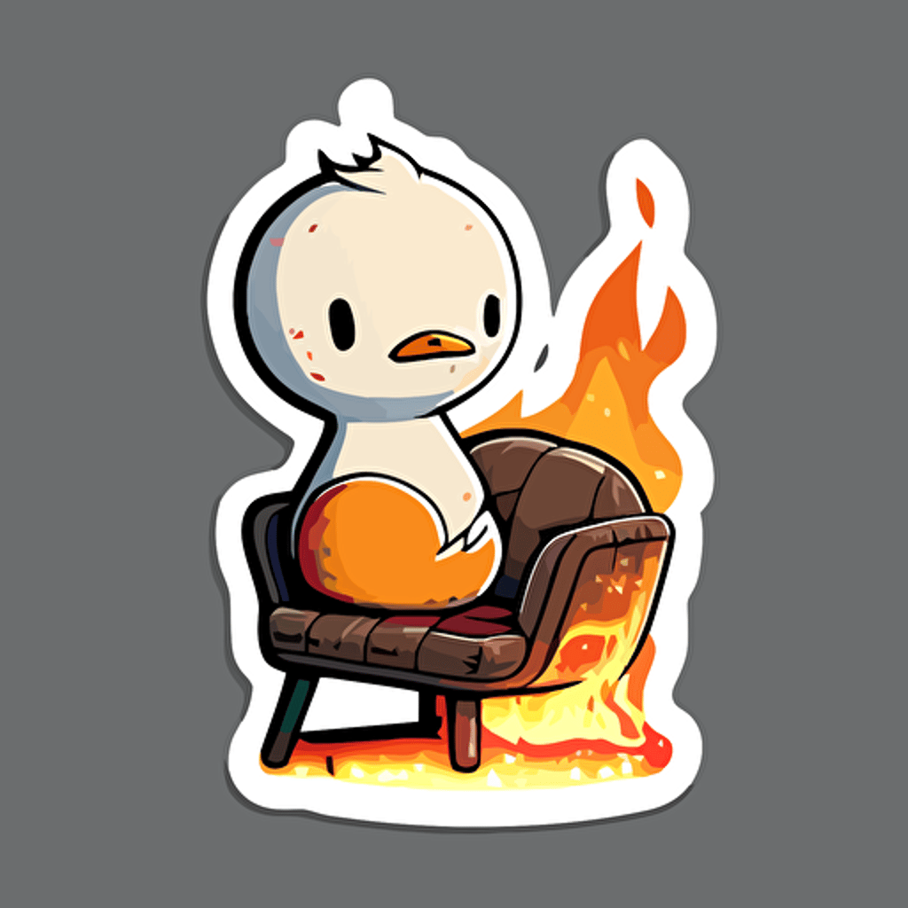 sticker, goose sitting in a chair with fire all around it, kawaii, contour, vector, white background s 1000