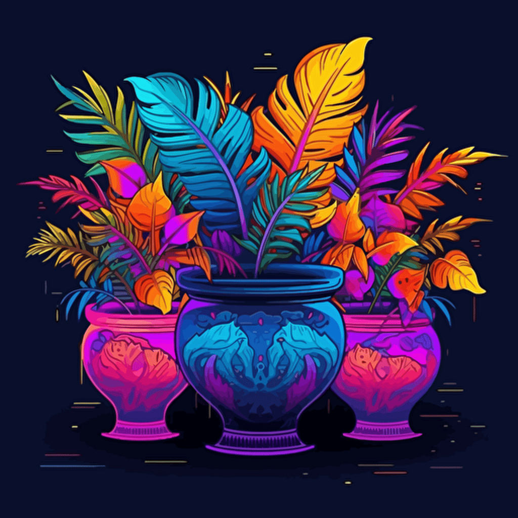 plant pots, surrounded by elegant leaf motifs, 2d vector, neon colours, epic composition, vector design on the edges of the image