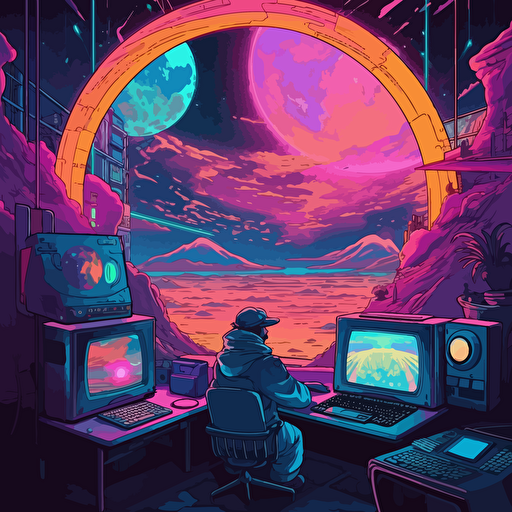 the world outside of earth, spiritual limbo, matrix realm, inside of the computer, synthwave, vector, anime, manga