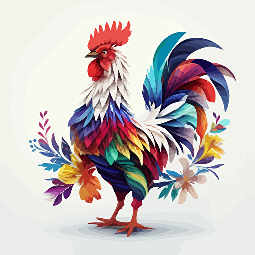 rooster made of flowers, Sticker, Ecstatic, Secondary Color, Photorealism, Contour, Vector, White Background, Detailed