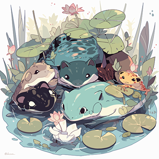 vector illustration, pond animals, a frog, a bird , a skunk