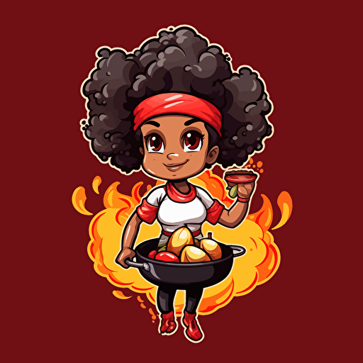 vector 2d sould food Black female chef mascot. wearing red and white clothing. holding a flaming pot of fried foods and vegetables