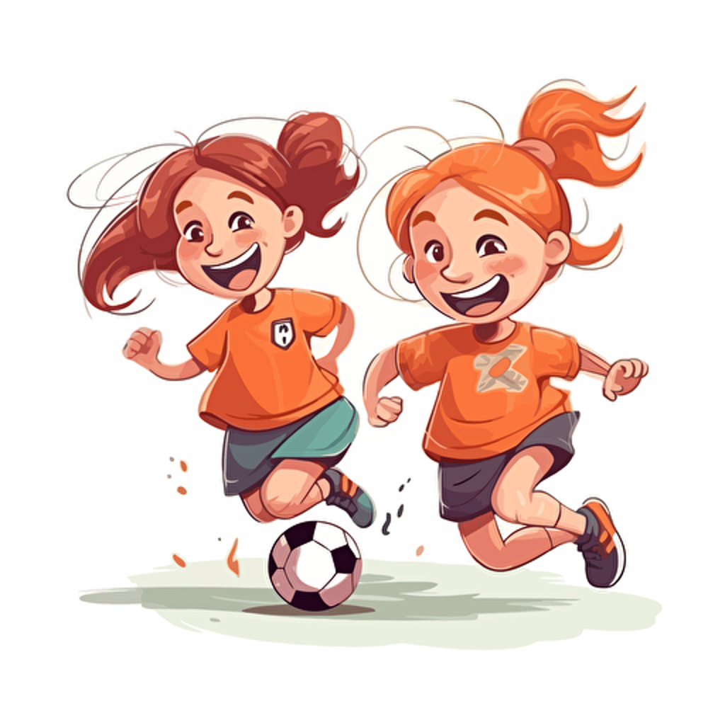 Vector illustration, of two beautiful happy 6 years old girls playing soccer with white background