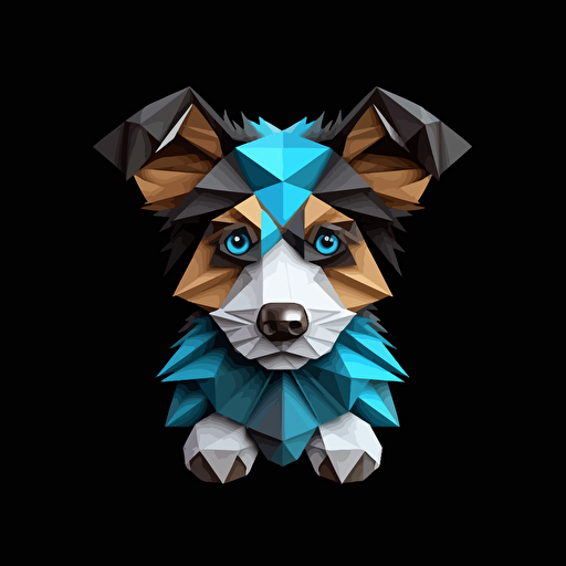 colorful origami tricolor Merle brown and grey puppy dog with one blue eye and one brown eye, vector art, black background