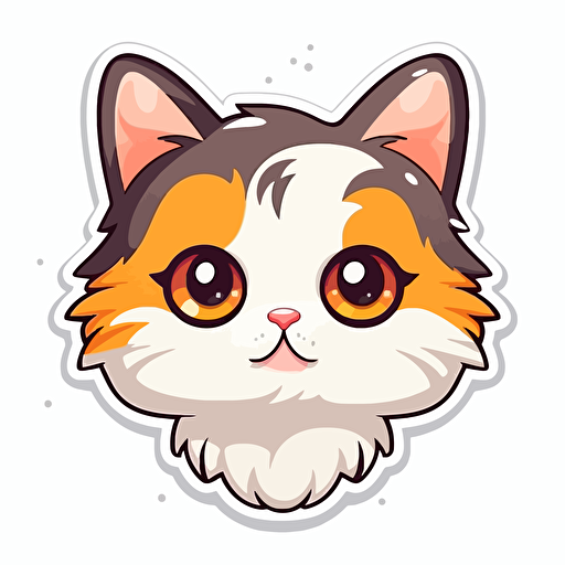 sticker, smart and cute calico cat, kawaii, contour, vector, white background