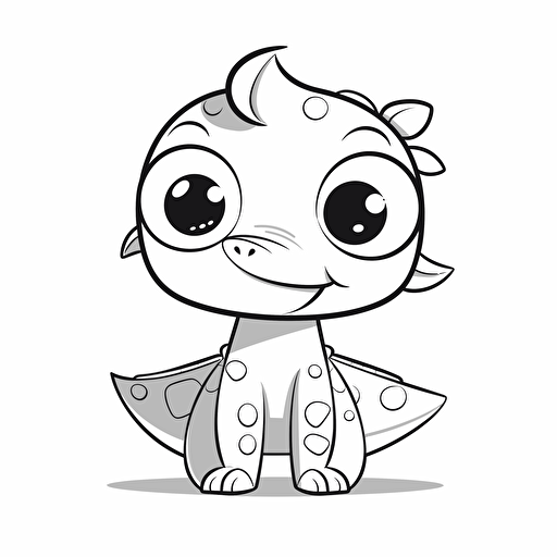 cute dino, big cute eyes, pixar style, simple outline and shapes, coloring page black and white comic book flat vector, white background