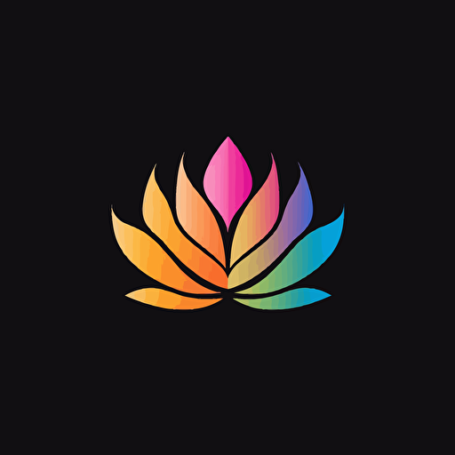 simple minimalist iconic logo of lotus flower, rainbow color vector, on black backgroung