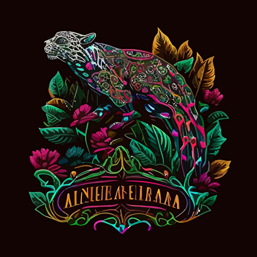 a logo for a landscaping company . In a Mexican alebrije inspired style. Using bright neon colors . Include a jaguar . Vector style.