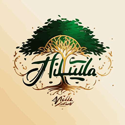 logo of a company with name "Alpha Green", arabic style lettering handwritten, with the tree growing from the middle of the name: golden letters on the white background: make it look rich and exclusive: two colors only, no shades, vector: middle east motives