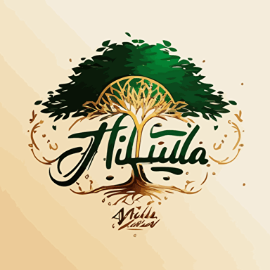 logo of a company with name "Alpha Green", arabic style lettering handwritten, with the tree growing from the middle of the name: golden letters on the white background: make it look rich and exclusive: two colors only, no shades, vector: middle east motives