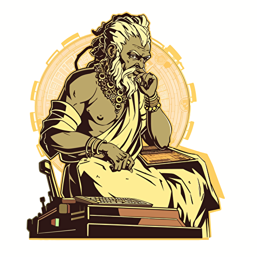 A ancient Indian Philosopher thinking pose, watching a computer connected to an AI machine, futuristic, ronded vector logo, white background, use only 2 colors