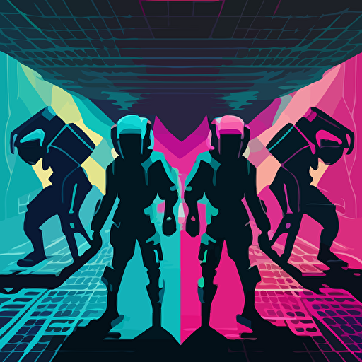a silhouette of 4 people wearing VR headsets facing off in a battle arena, flat, vectorized, futuristic colors