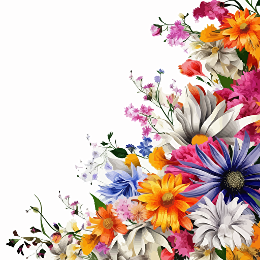dozens of flowers, white background, high resolution image, beautiful flowers, hyper detailed, vector design around the edges
