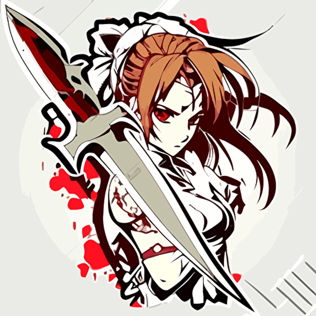 Girl with Sword, Sticker, Intense, war colours, Anime, Contour, Vector, White background, Mininal