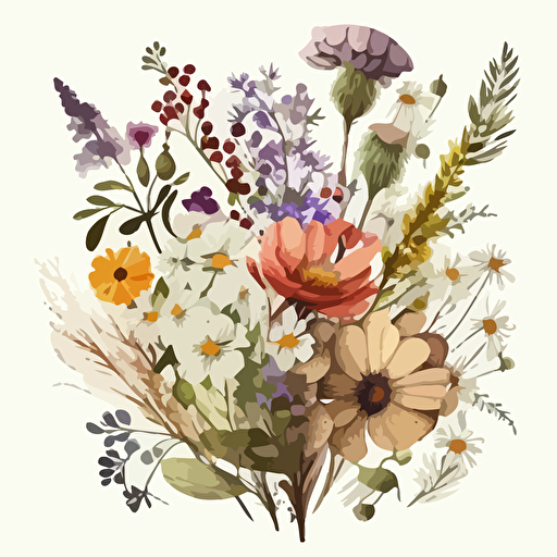 wildflowers, arrangement of many different flowers, watercolor, flat, vector