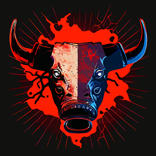 an emblem of a mad bovine on fire, game controller in mouth, vector, simple