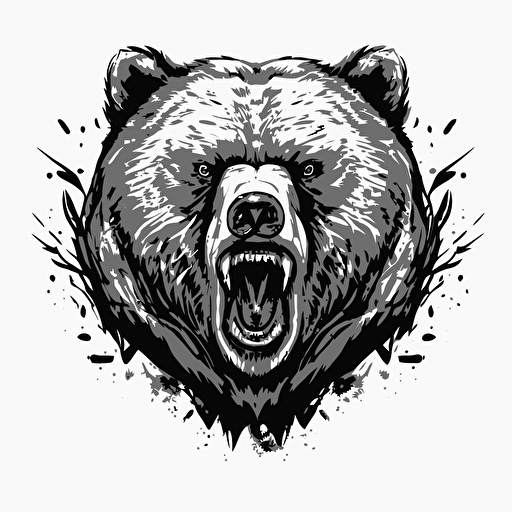 simple vector logo, angry bear, black pencil ink drawing, ultra detailled, face, white background