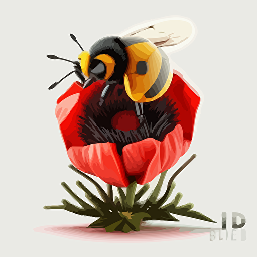 logo, cartoon, drawing, 3-D illustration, a queen bumble bee holding a red poppy flower, vector, white background, no text