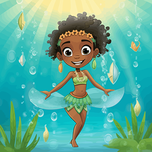 a little black girl mermaid age 7, she has a swim suit top and a fish tail on the bottom half of her body, she has her hair braided with beads, she is facing the viewer, her fish tail body is blueish green, the background is a very light blue, there are rays of light shining from above, there are cartoon style fish smiling and looking at her, illustration disney style, adobe illustrator, vector