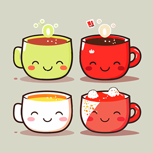 3 cute japanese tea smilling red and white. Vector style. 2D. Drawing.