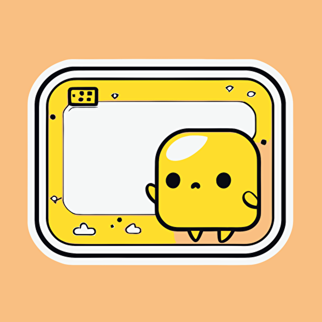 vector sticker design, transparent background, cute cartoon kawaii style, rectangle wide border with rounded edging yellow backdrop, small robot head in lower right hand corner