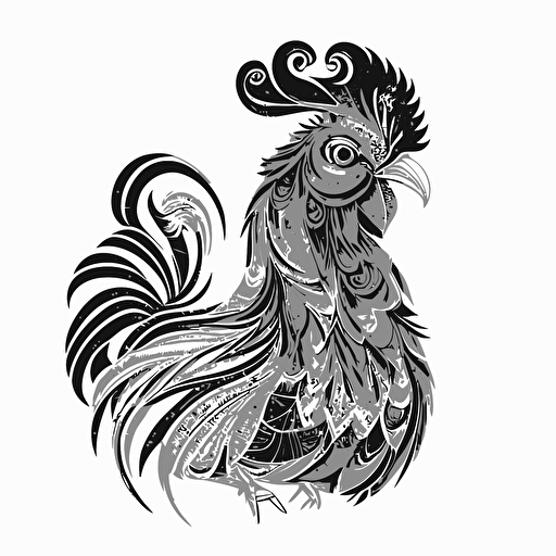 rooster in style of Eric Standley, black and white, flat, vector, line drawling, white background ar 1:1