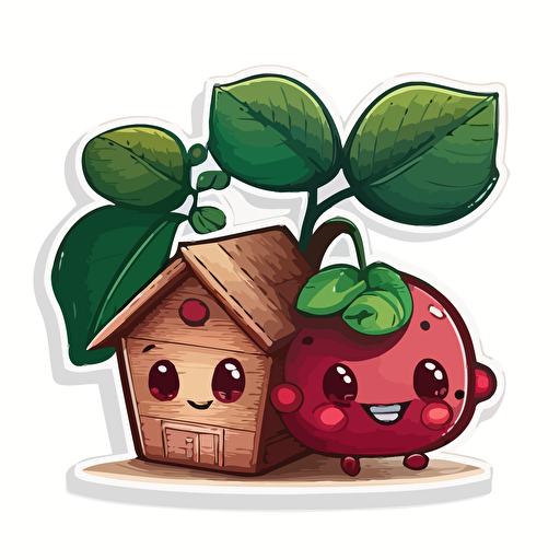 two cranberry fruit smiling, merging into a wooden house, house roof is flat with leaves at the top, Sticker, Adorable, Cool Colors, Pixar, Contour, Vector, White Background
